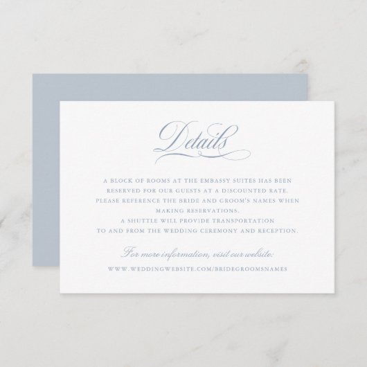 Elegante kalligrafie script stoffig blauwe details kaart (Voorkant / Achterkant)