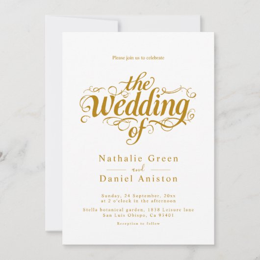 Elegante kalligrafie script wit en goud bruiloft kaart (Voorkant)