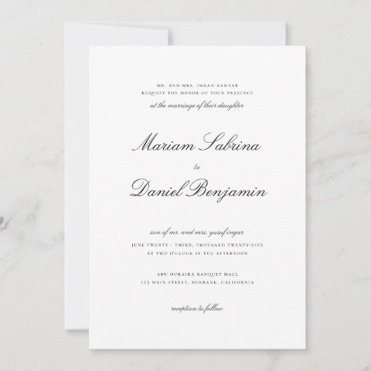 Elegante kalligrafie script zwart-wit bruiloft kaart (Voorkant)