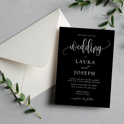 Elegante kalligrafie script zwart-wit bruiloft kaart