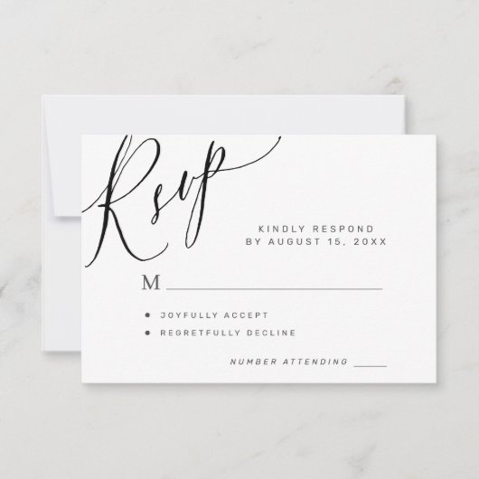 Elegante kalligrafie script zwart-wit bruiloft RSVP kaartje (Voorkant)