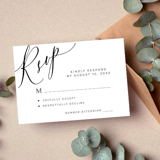 Elegante kalligrafie script zwart-wit bruiloft RSVP kaartje