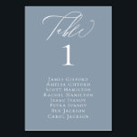 Elegante kalligrafie Stoffig Blauw Zittafel Kaart<br><div class="desc">Elegante witte kalligrafie "tafel",  met gastennamen vermeld en tafelnummer,  trouwtafel nummerkaart in trendy stoffig blauw.</div>