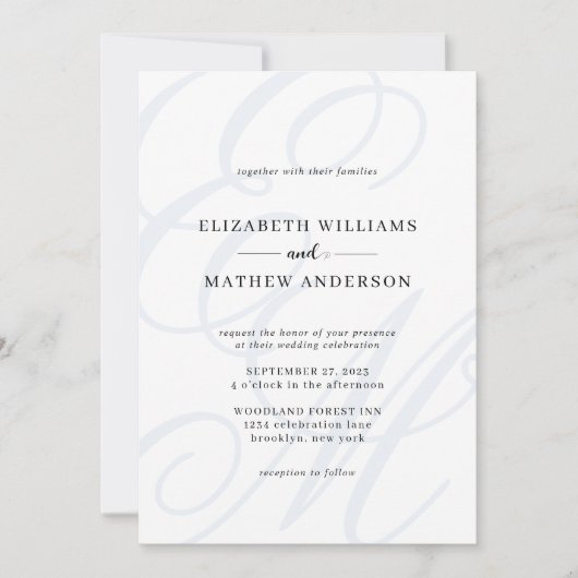 Elegante kalligrafie stoffig blauwe monogram bruil kaart (Voorkant)