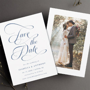 Elegante kalligrafie stoffig blauwe trouwfoto save the date