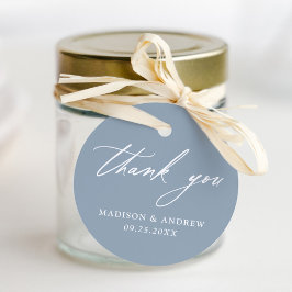 Elegante kalligrafie stoffige blauwe bruiloft dank bedankjes labels