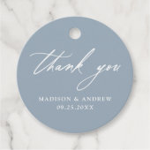 Elegante kalligrafie stoffige blauwe bruiloft dank bedankjes labels (Voorkant)