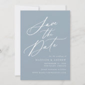 Elegante kalligrafie stoffige blauwe foto bruiloft save the date (Voorkant)