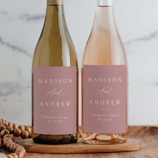 Elegante kalligrafie stoffige Roos bruiloft Wijn Etiket