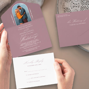 Elegante kalligrafie stoffige roos foto RSVP bruil All In One Uitnodiging