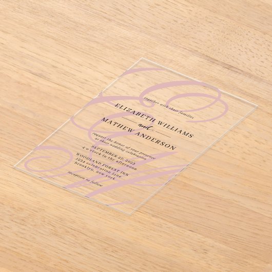 Elegante kalligrafie stoffige roze monogram bruilo acryl uitnodigingen (Laagn)