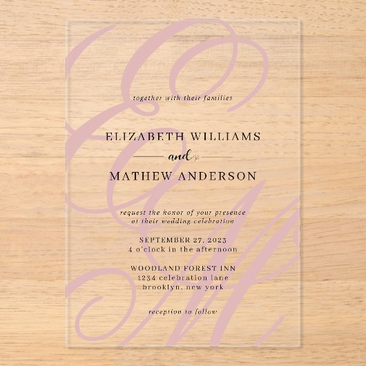 Elegante kalligrafie stoffige roze monogram bruilo acryl uitnodigingen (Voorkant)