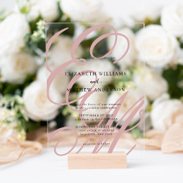 Elegante kalligrafie stoffige roze monogram bruilo acryl uitnodigingen