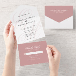 Elegante kalligrafie stoffige roze monogram bruilo all in one uitnodiging