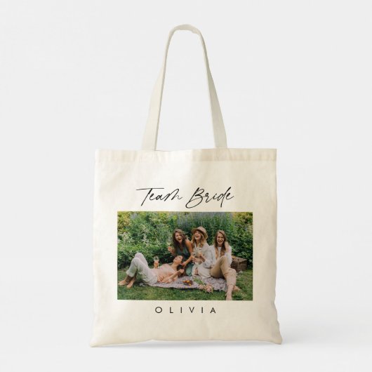 Elegante Kalligrafie Team Bruid Foto Bruidsmeisje Tote Bag (Achterkant)