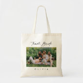 Elegante Kalligrafie Team Bruid Foto Bruidsmeisje Tote Bag (Voorkant)