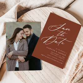 Elegante kalligrafie terracotta foto bruiloft save the date