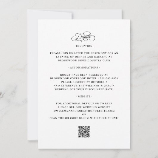 Elegante Kalligrafie Trouwdetails Zwart & Wit Kaart (Achterkant)