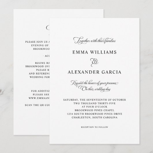 Elegante Kalligrafie Trouwdetails Zwart & Wit Kaart (Voorkant / Achterkant)