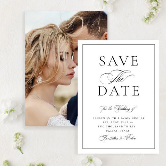 Elegante kalligrafie trouwfoto formele bruiloft save the date