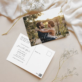 Elegante kalligrafie trouwfoto Save the Date Briefkaart