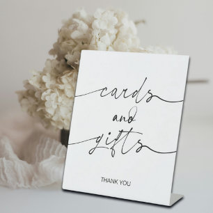 Elegante kalligrafie trouwkaarten en geschenken reclamebord met voetstuk