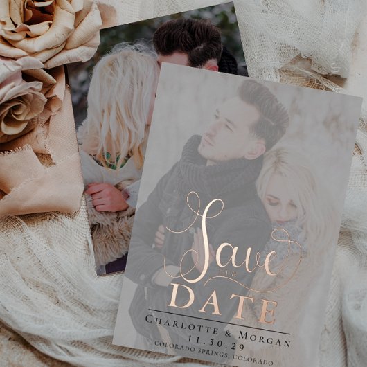 Elegante Kalligrafie Twee foto Save the Date Folie Uitnodiging