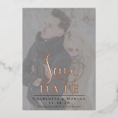 Elegante kalligrafie Twee foto Save the Date Roos Folie Uitnodiging (Voorkant)