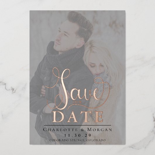 Elegante kalligrafie Twee foto Save the Date Roos Folie Uitnodiging (Voorkant)