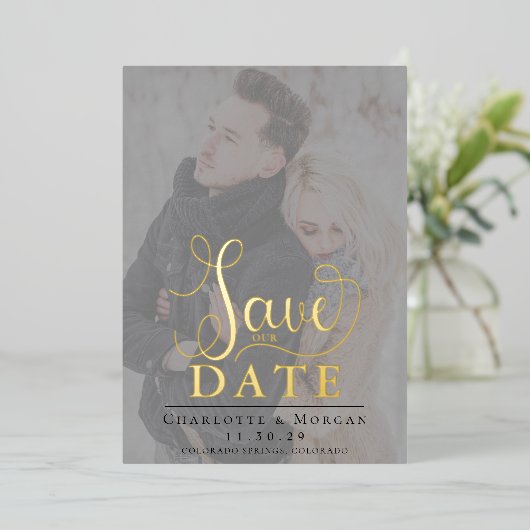 Elegante kalligrafie Twee foto Sla de datum Folie Folie Uitnodiging (Staand Voorkant)