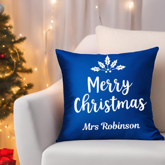 Elegante kalligrafie Vrolijk Kerstblauw Custom Kussen