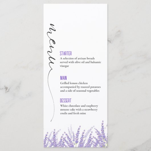 Elegante kalligrafie Waterverf lavendel bruiloft Menu (Voorkant)