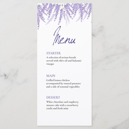 Elegante kalligrafie Waterverf lavendel bruiloft Menu (Voorkant)