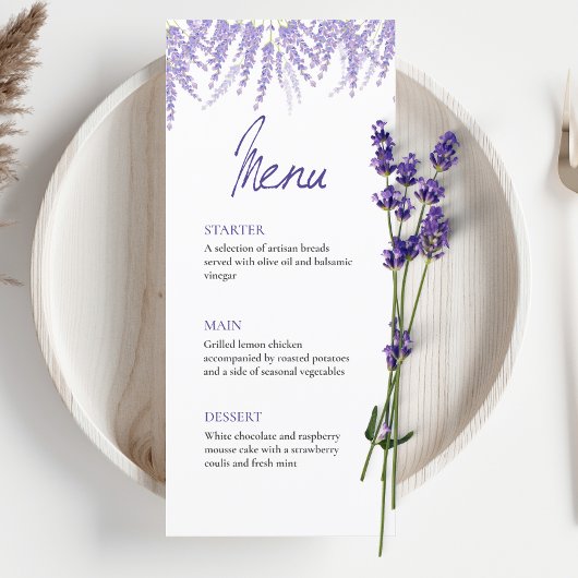 Elegante kalligrafie Waterverf lavendel bruiloft Menu