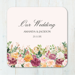 Elegante kalligrafie waterverf roos bloem bruiloft kartonnen onderzetters