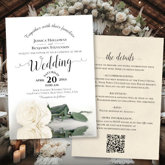 Elegante kalligrafie White Rose QR Code Wedding Kaart