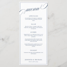 Elegante kalligrafie wit en marine klassieke bruil menu
