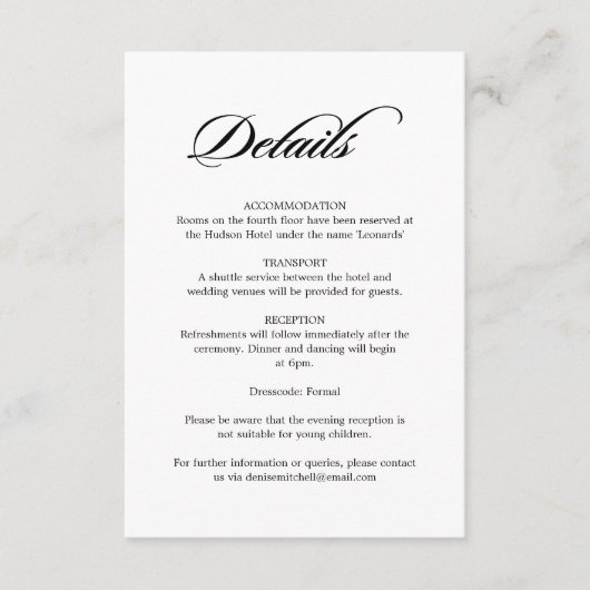 Elegante kalligrafie witte bruiloft details informatiekaartje (Voorkant)
