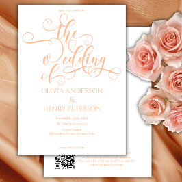 Elegante kalligrafie Witte Perzik Huwelijks QR-cod Kaart