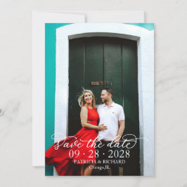 Elegante kalligrafie witte tekst foto save the dat kaart