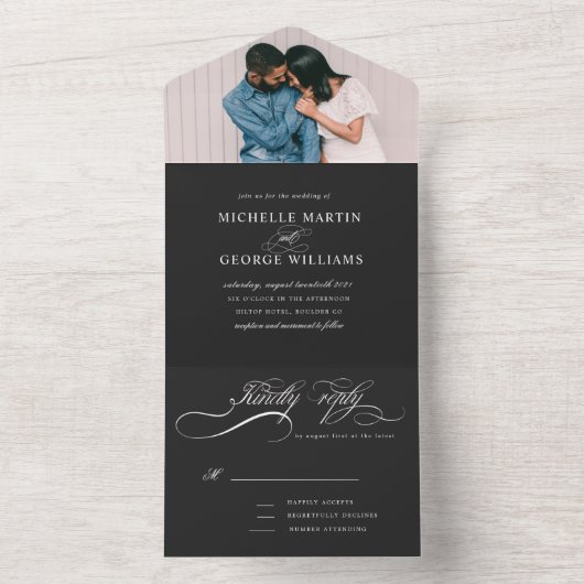 Elegante kalligrafie zwart alles in één uitnodigin all in one uitnodiging (Binnen)