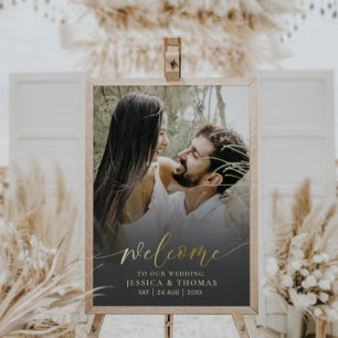 Elegante kalligrafie zwart & goud foto bruiloft poster