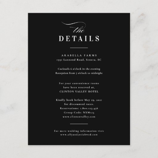 Elegante kalligrafie zwart & wit bruiloft details informatiekaartje (Voorkant)