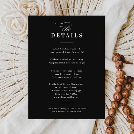 Elegante kalligrafie zwart & wit bruiloft details informatiekaartje