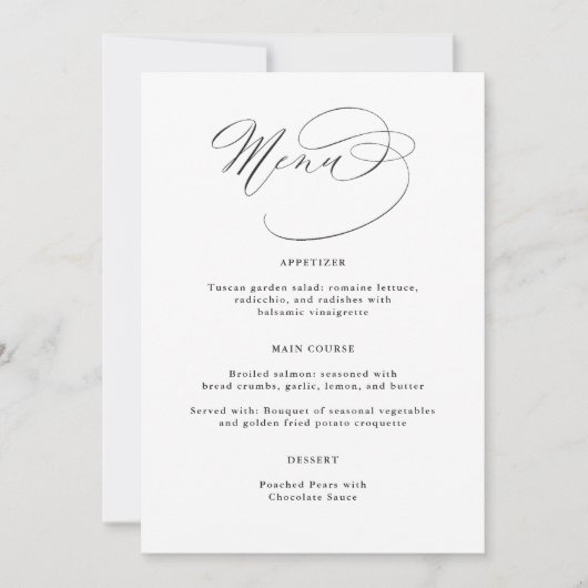 Elegante kalligrafie zwart wit bruiloft menu (Voorkant)