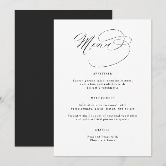Elegante kalligrafie zwart wit bruiloft menu (Voorkant / Achterkant)