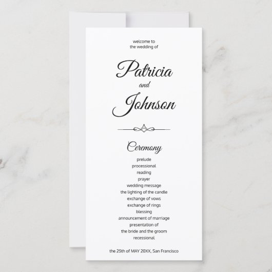 Elegante kalligrafie zwart wit bruiloft programma (Voorkant)