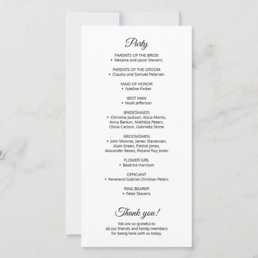 Elegante kalligrafie zwart wit bruiloft programma (Achterkant)