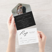 Elegante kalligrafie zwart-wit foto bruiloft all in one uitnodiging (Afscheurbaar)