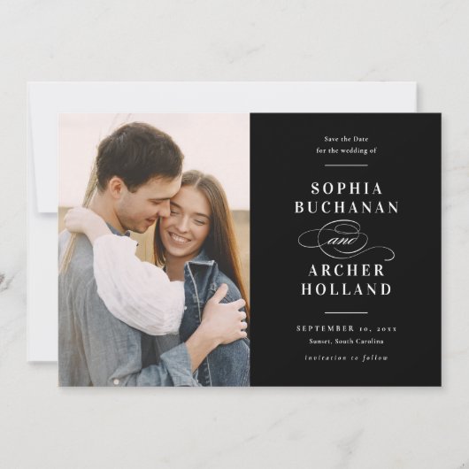 Elegante kalligrafie zwart-wit foto bruiloft save the date (Voorkant)